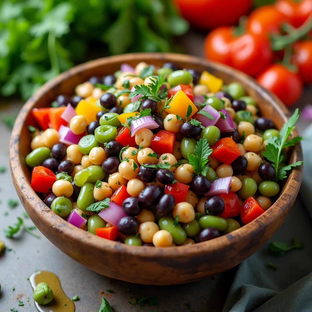 Healthy 4 bean salad with no sugar, made with kidney beans, chickpeas, black beans, and green beans, garnished with fresh vegetables.