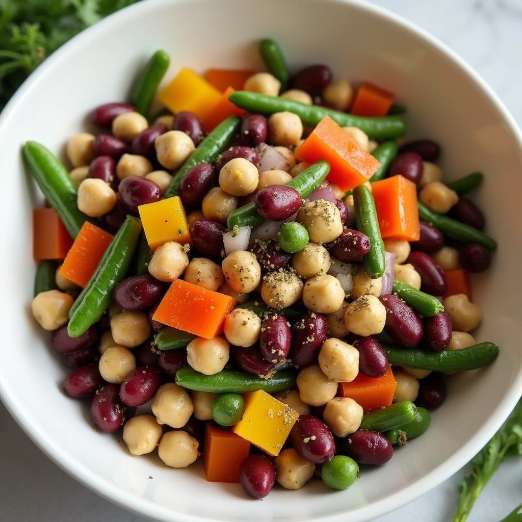 "Fresh 5 bean salad made from canned beans, featuring a colorful mix of kidney beans, chickpeas, black beans, green beans, and wax beans."