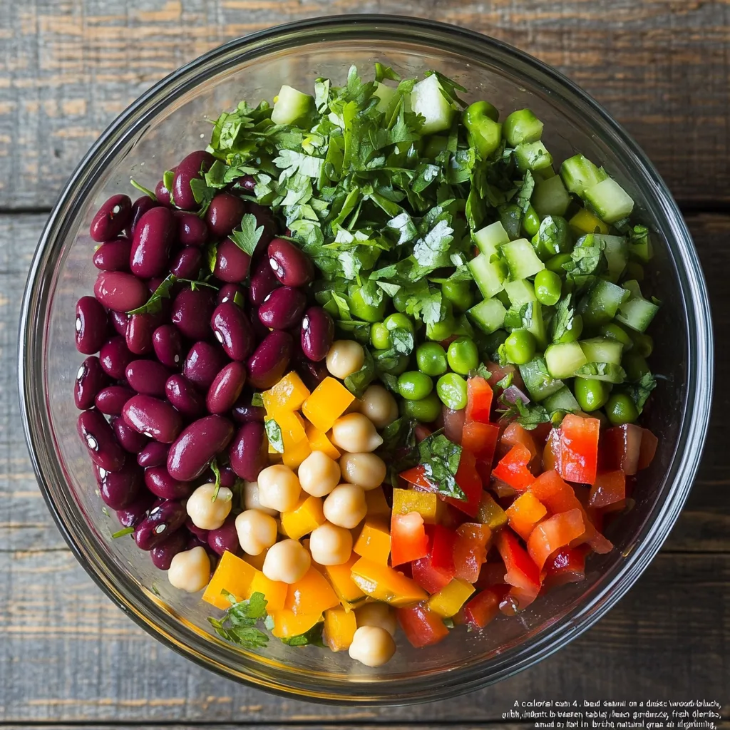 4 bean salad with vibrant beans in a glass bowl on a rustic wooden table.