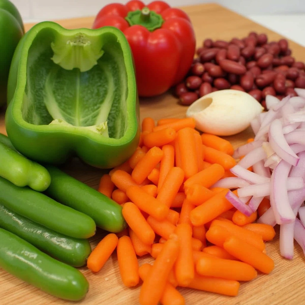 Fresh ingredients for four bean salad including various beans and vegetables.