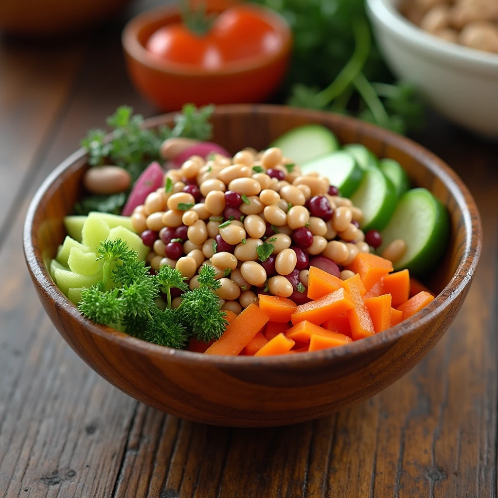 : A vibrant four bean salad featuring black beans, kidney beans, garbanzo beans, and green beans with fresh veggies.