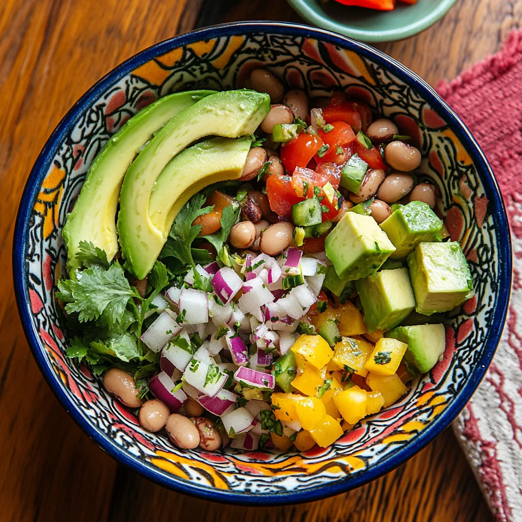 Colorful Mexican bean salad with avocado in a bowl.