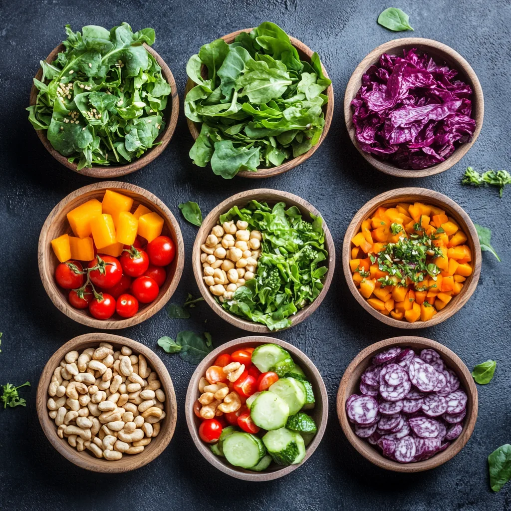  Ingredients for a healthy salad, including leafy greens, vegetables, fruits, proteins, and nuts.