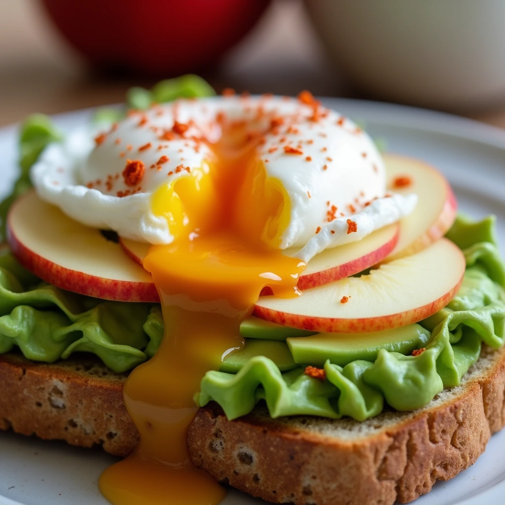 Close-up of avocado toast with apples, poached egg, and chili flakes on sourdough bread.