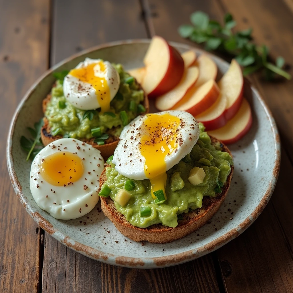 Avocado toast with poached eggs and apple slices on a rustic wooden table