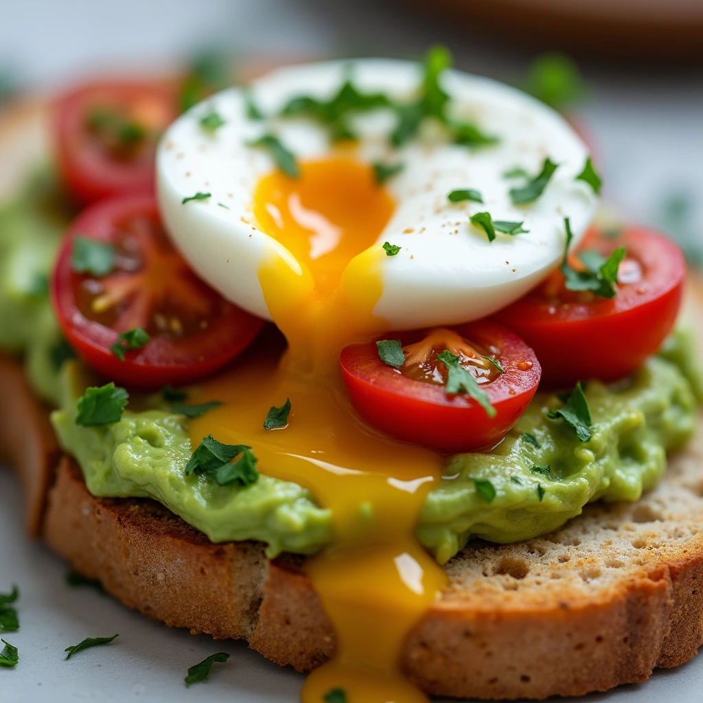 Close-up of avocado toast with poached egg, cherry tomatoes, and fresh herbs.