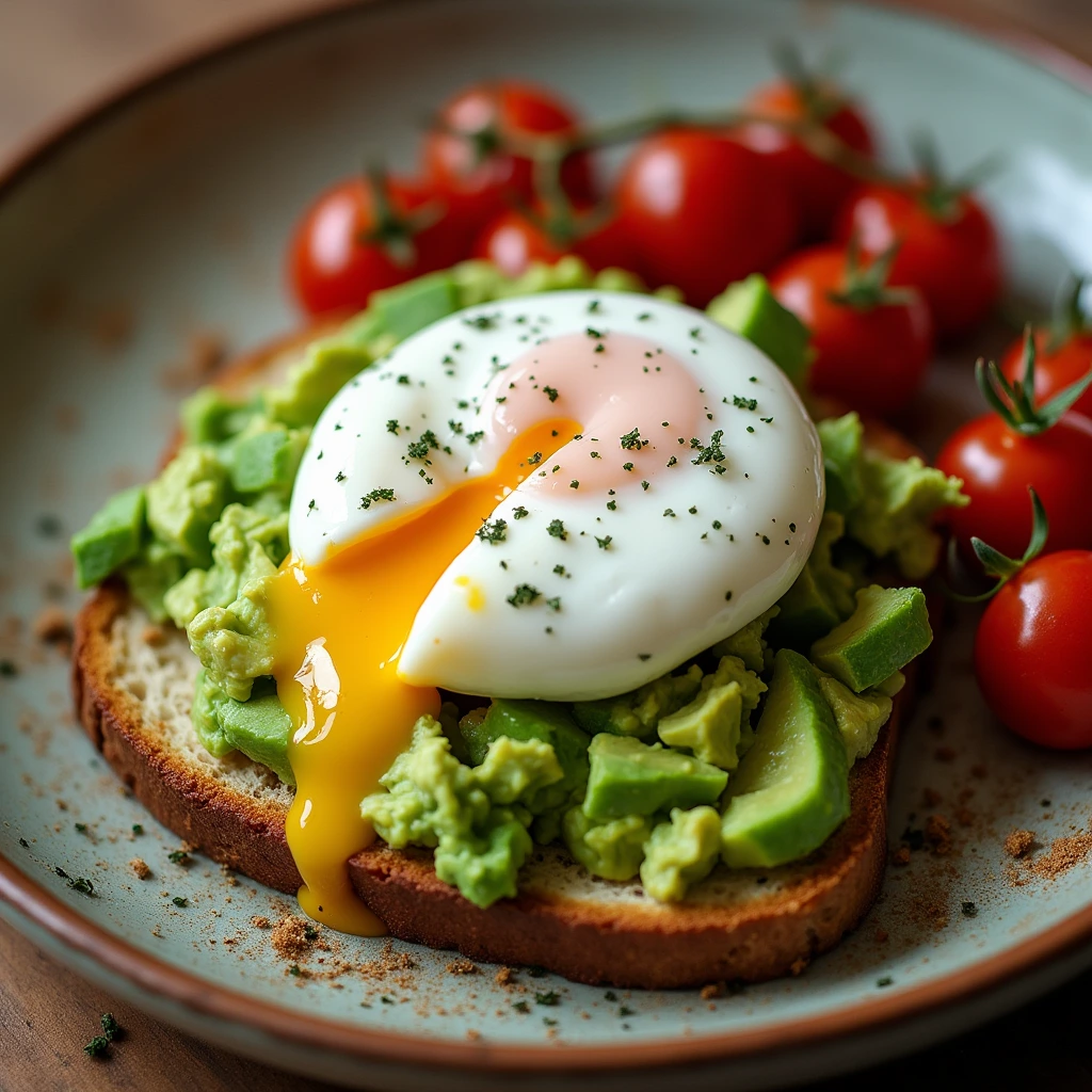 Avocado toast with poached egg and roasted cherry tomatoes on a rustic ceramic plate.