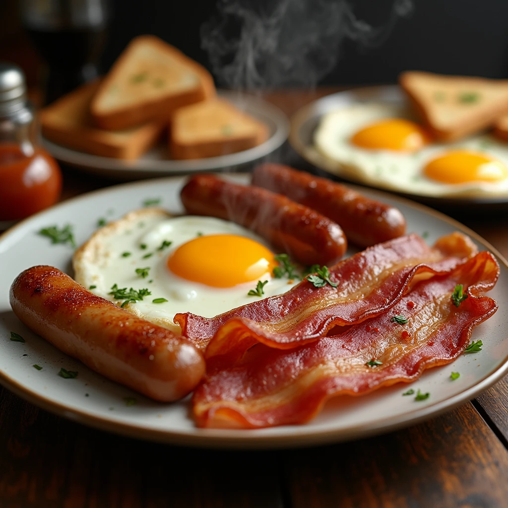 Sizzling bacon and sausages being cooked in a frying pan for breakfast