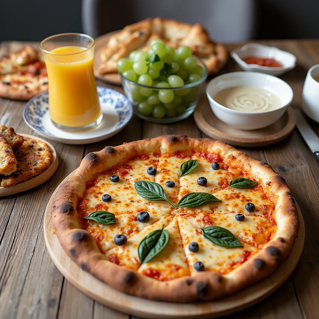 A breakfast table featuring breakfast pizza and sides