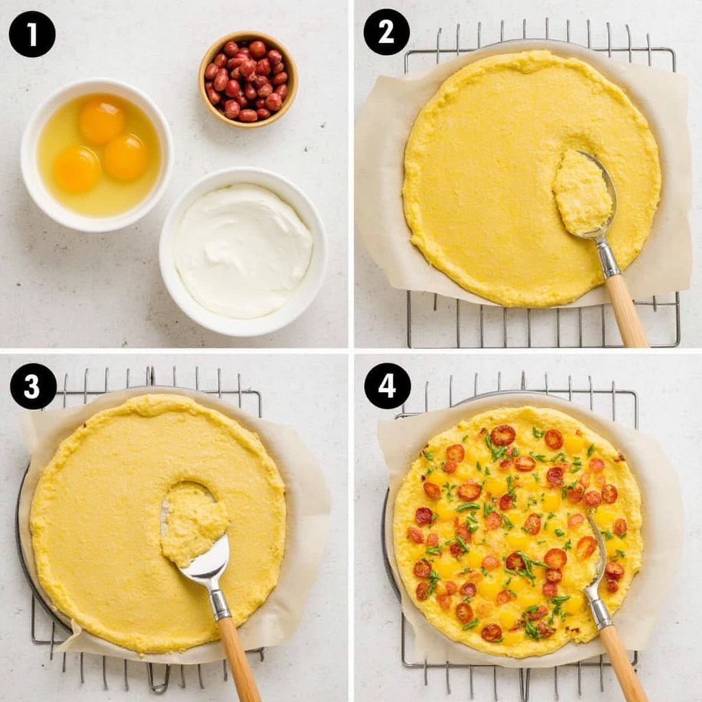 Step-by-step collage of preparing breakfast pizza