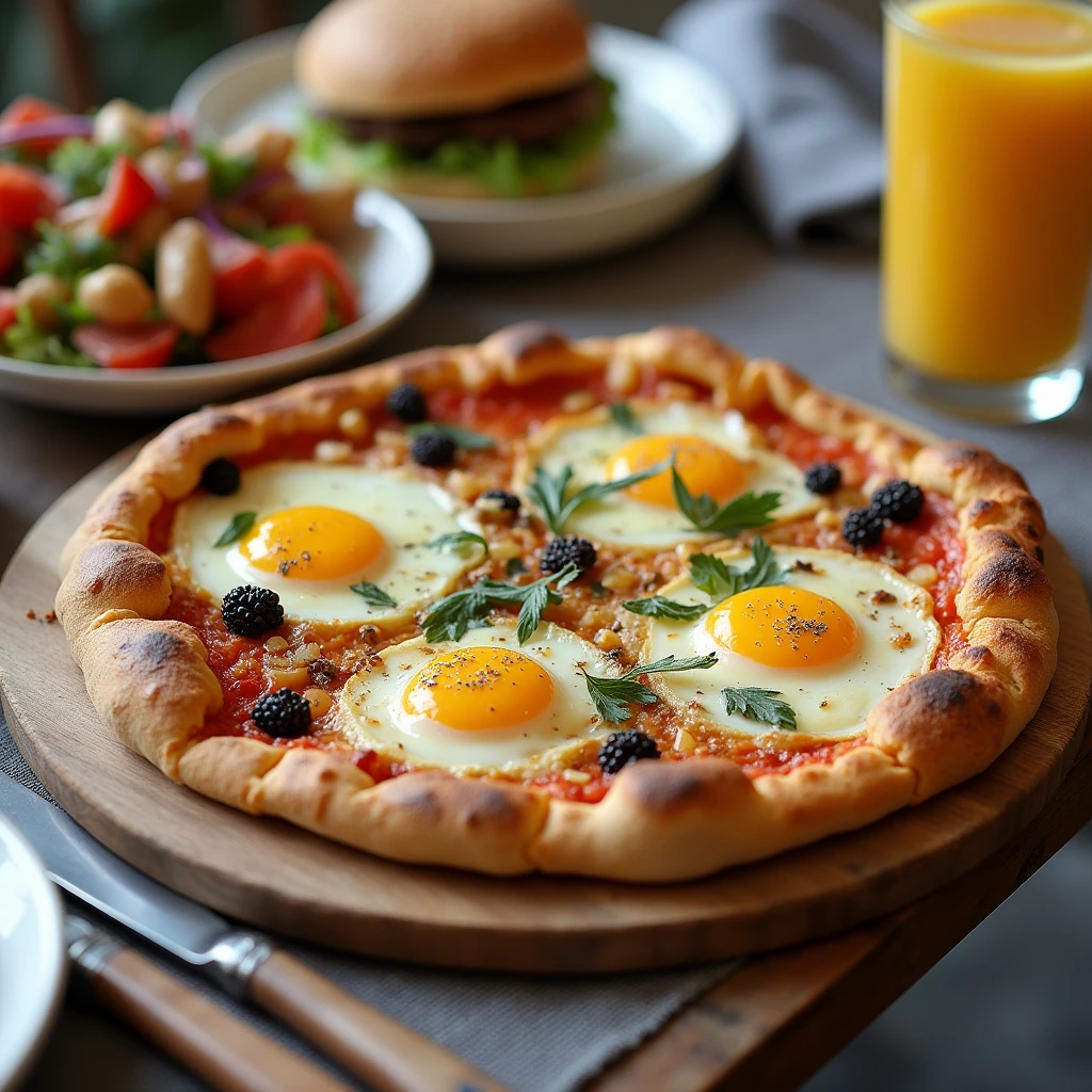  Breakfast pizza served on a brunch table.