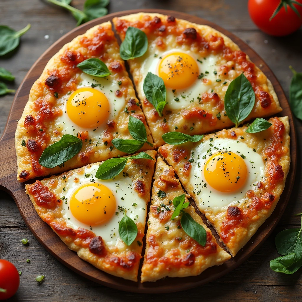 Brightly colored breakfast pizza with eggs and vegetables.