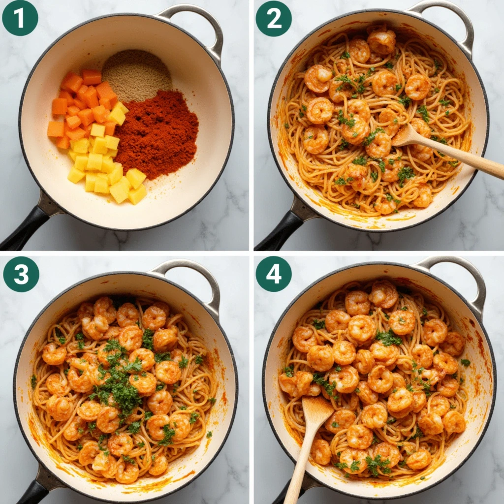 Step-by-step cooking process of Cajun shrimp pasta