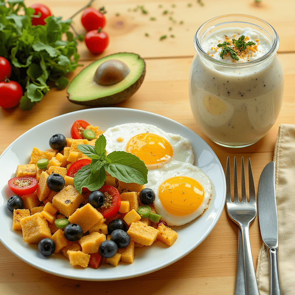 Easy high protein breakfast ideas with eggs, yogurt, and tofu scramble."