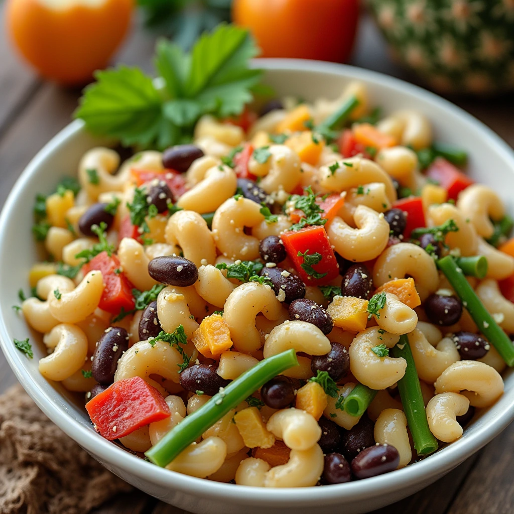 Hawaiian macaroni salad served in a bowl with creamy dressing, pineapple, and shredded carrots.