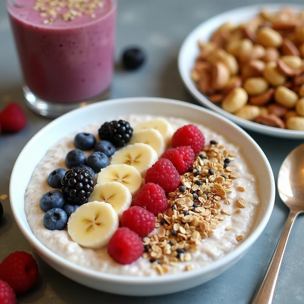 Healthy breakfast for teen athletes, including smoothie bowl, overnight oats, and a protein-packed smoothie with fresh fruits.