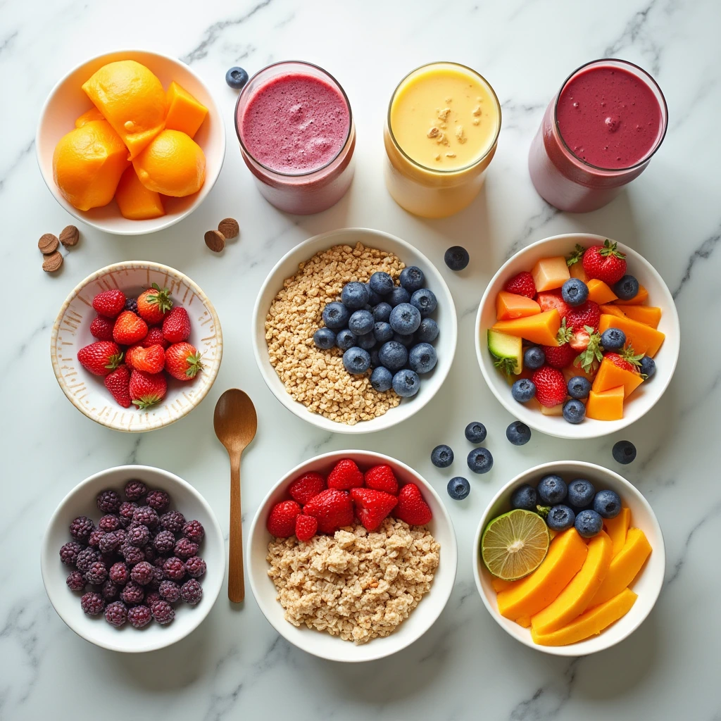 A variety of healthy breakfast ideas displayed on a table.