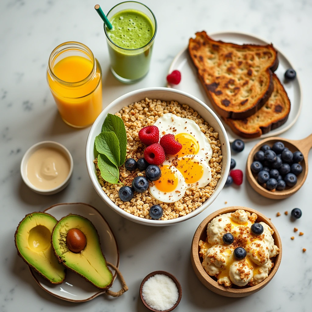 A colorful assortment of high calorie breakfast dishes showcasing oatmeal, avocado toast, and smoothies.