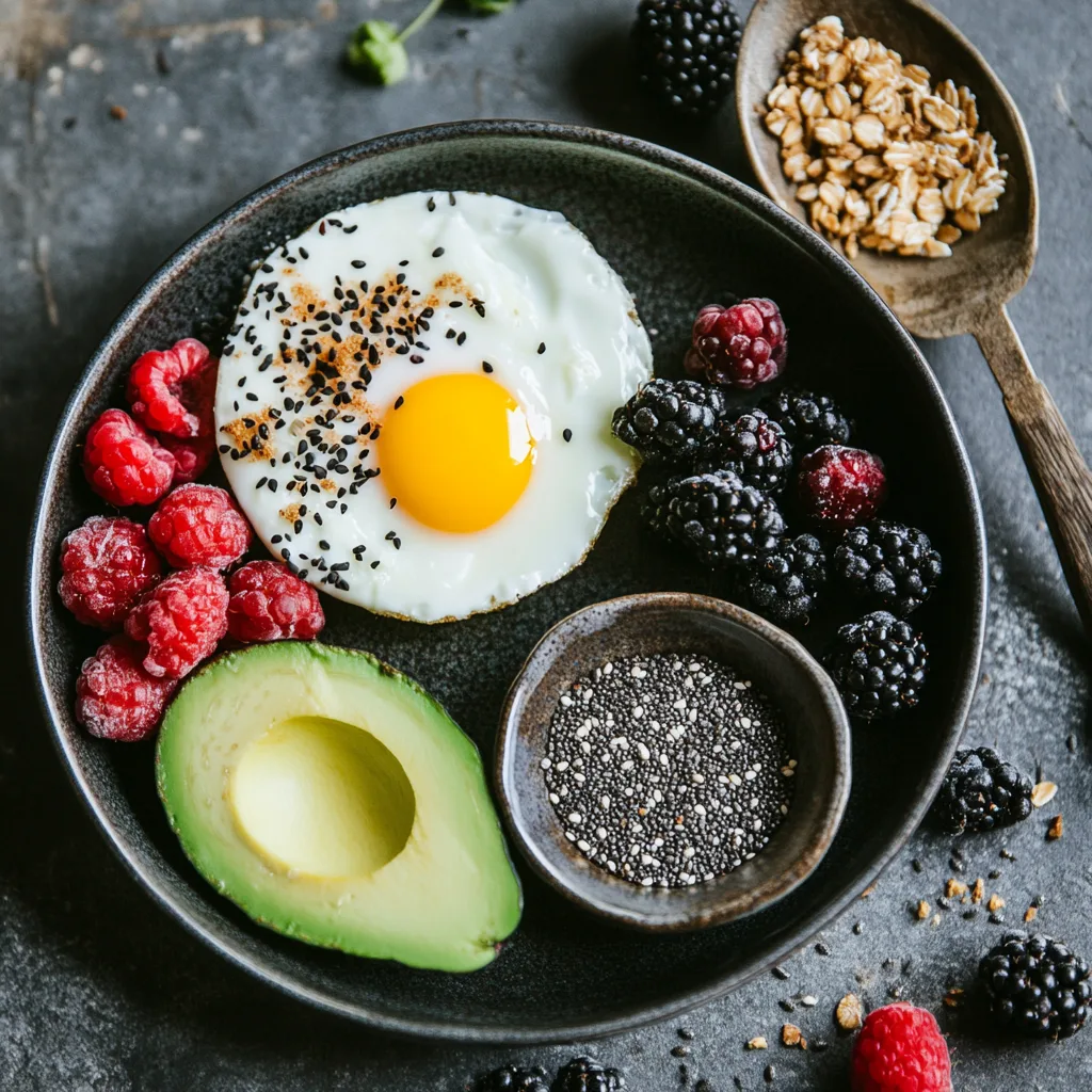 A nutritious and balanced breakfast with eggs, avocado, chia seeds, and berries for a PCOS-friendly meal.