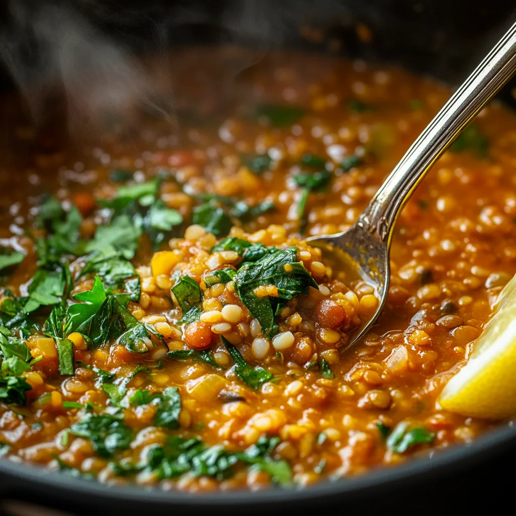 traditional lentil soup with greens and rice