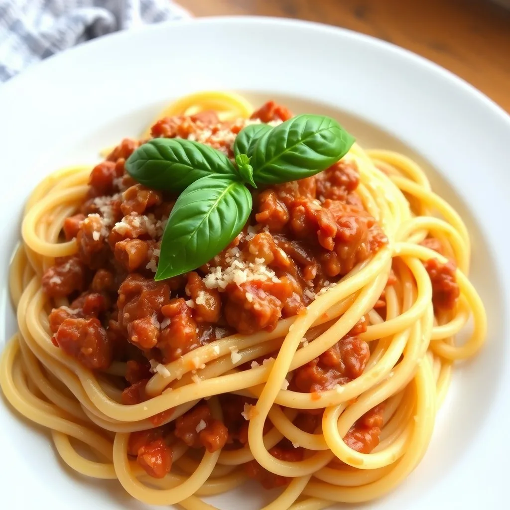 Creamy spaghetti bolognese garnished with basil