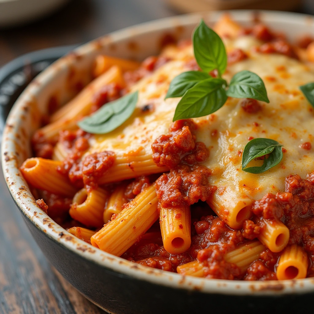 Creamy Bolognese Pasta Bake in a serving dish.