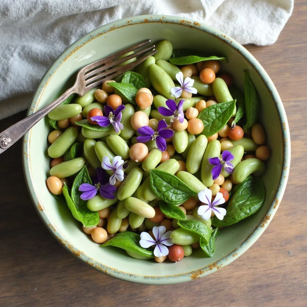 Dense Bean Salad Violet with colorful beans and fresh violets