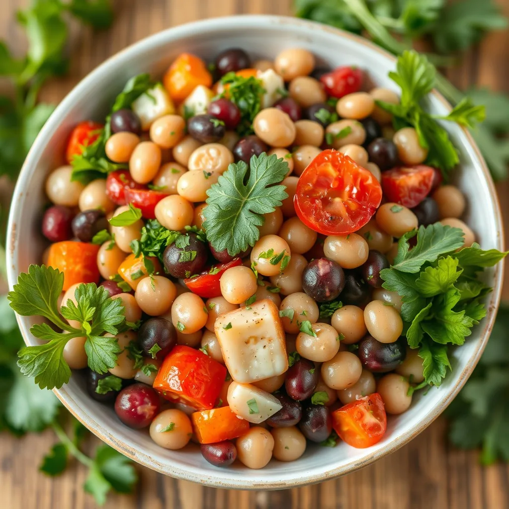 A vibrant dense bean salad with fresh vegetables