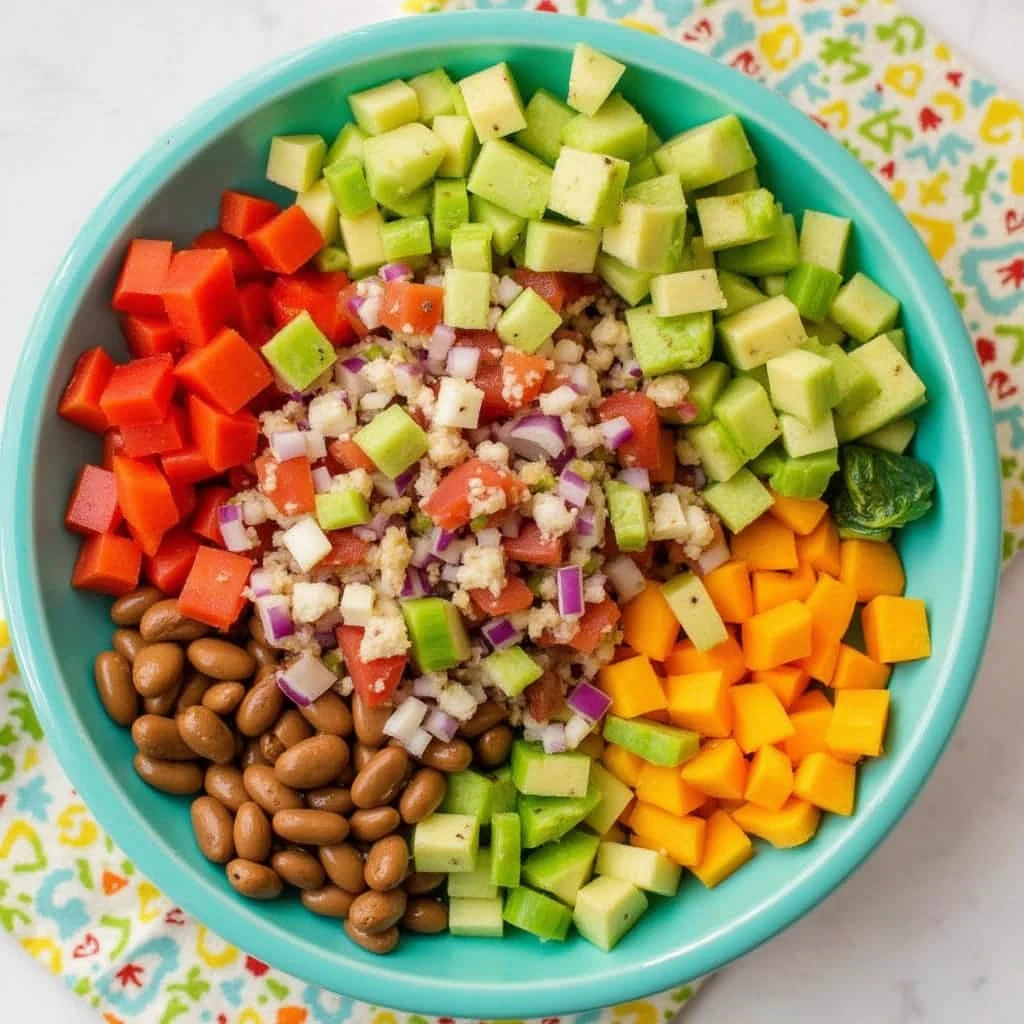 A colorful Easy Mexican Bean Salad with beans, corn, and vegetables