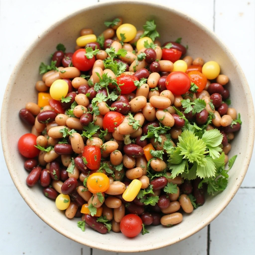 A colorful Mexican bean salad with fresh ingredients