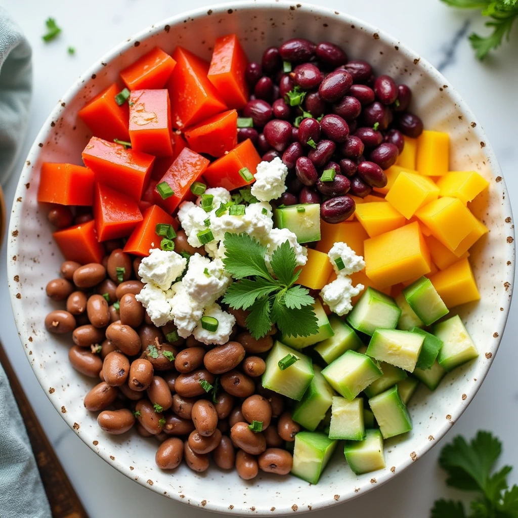 Mexican bean salad with feta topped with fresh vegetables