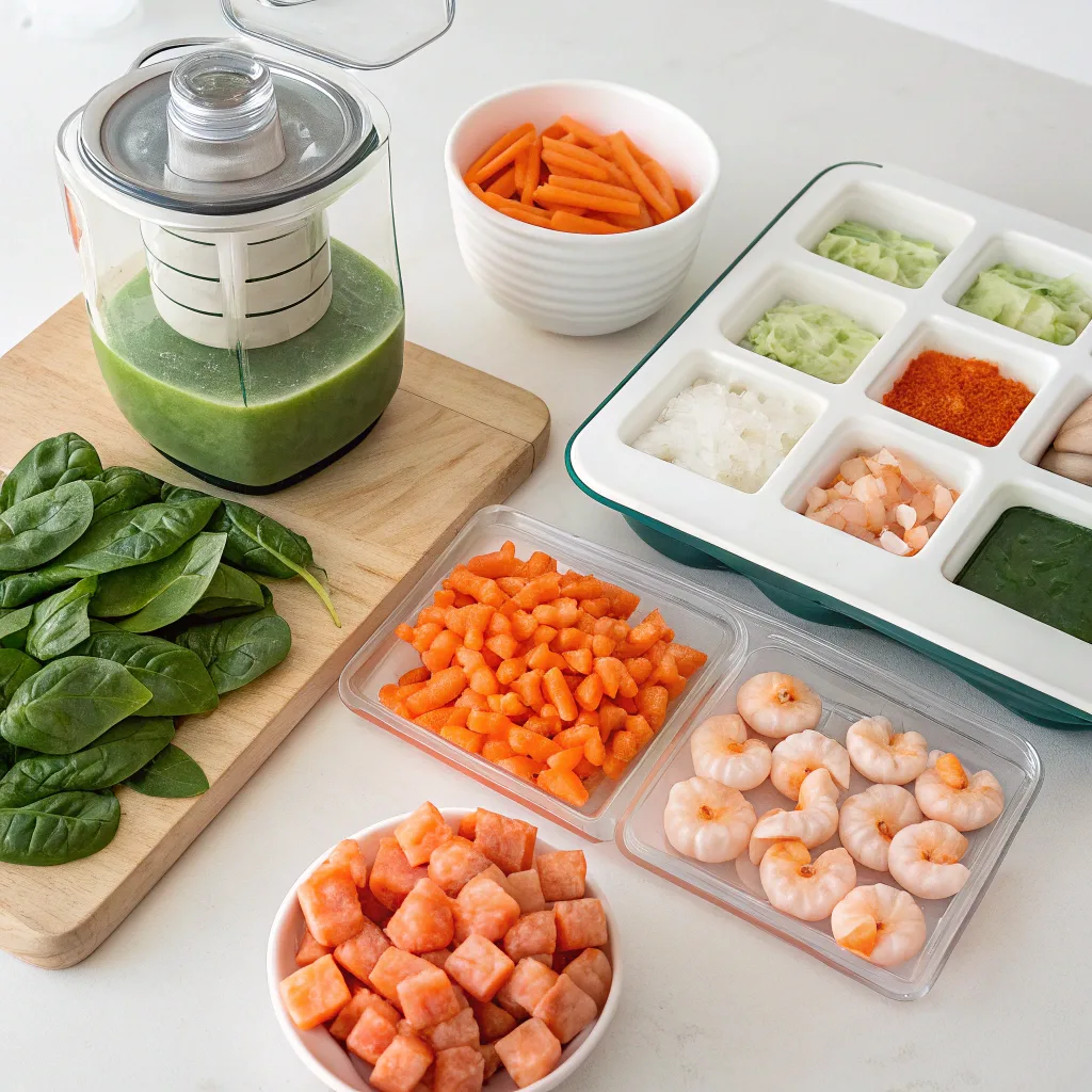 Ingredients for making homemade fish feed, including shrimp, spinach, and carrots, arranged on a kitchen counter.