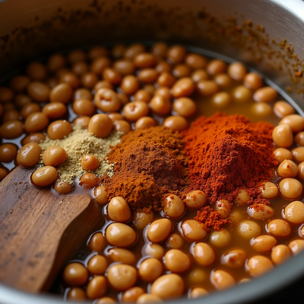 Black eyed peas simmering in a pot with spices.