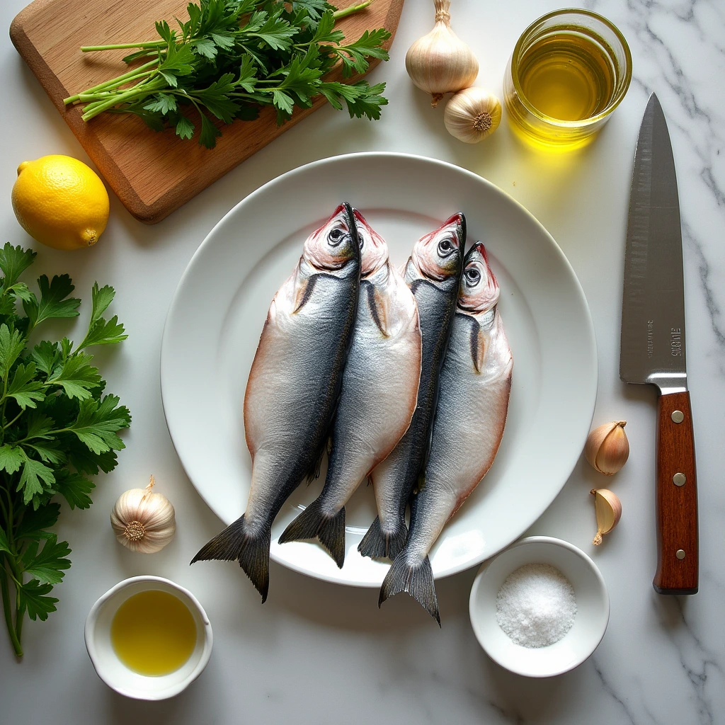 "Ingredients for a bonito fish recipe, including bonito fillets, lemon, olive oil, garlic, parsley, and sea salt, arranged flat-lay on a kitchen counter.