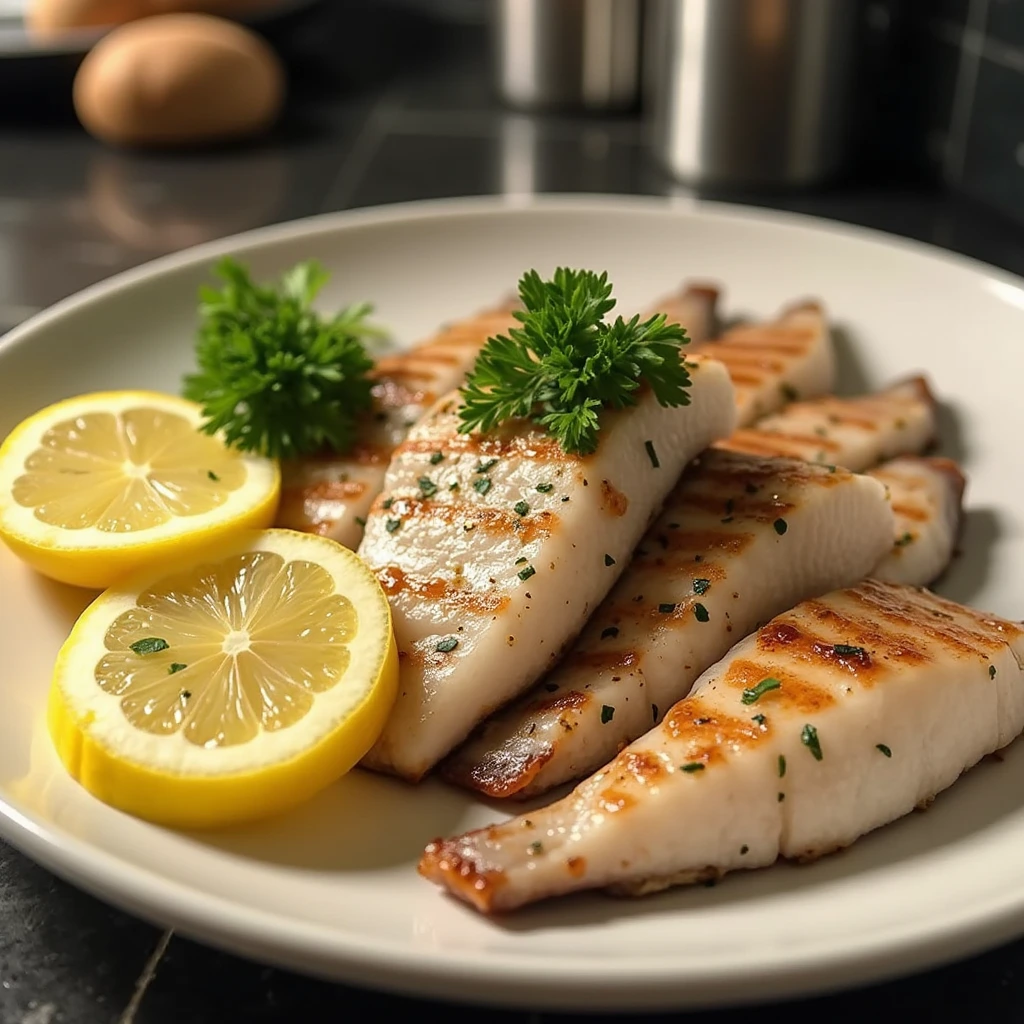 Homemade bonito fish recipe featuring grilled bonito fillets, lemon slices, and parsley garnish on a modern kitchen countertop.