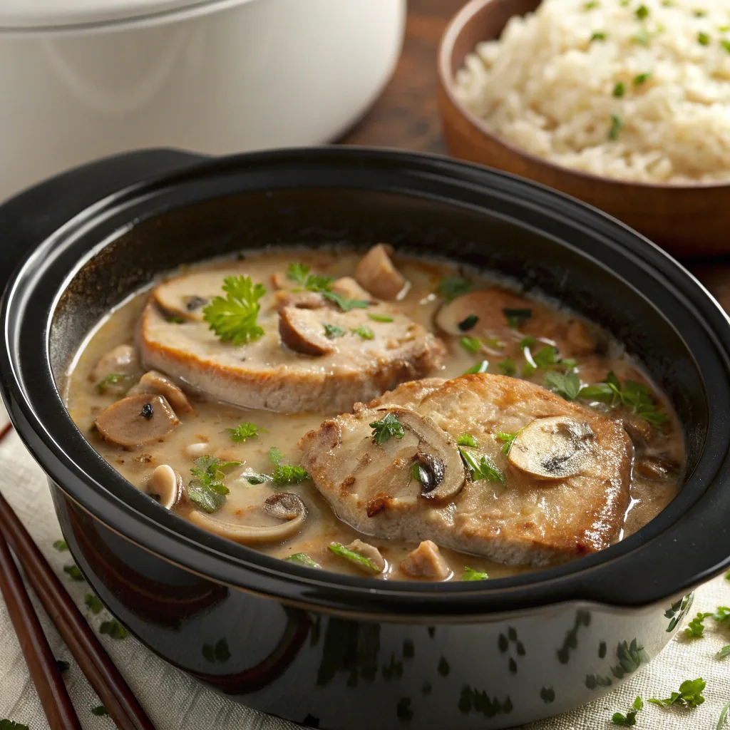 A delicious serving of crock pot pork chops with mushroom soup and rice