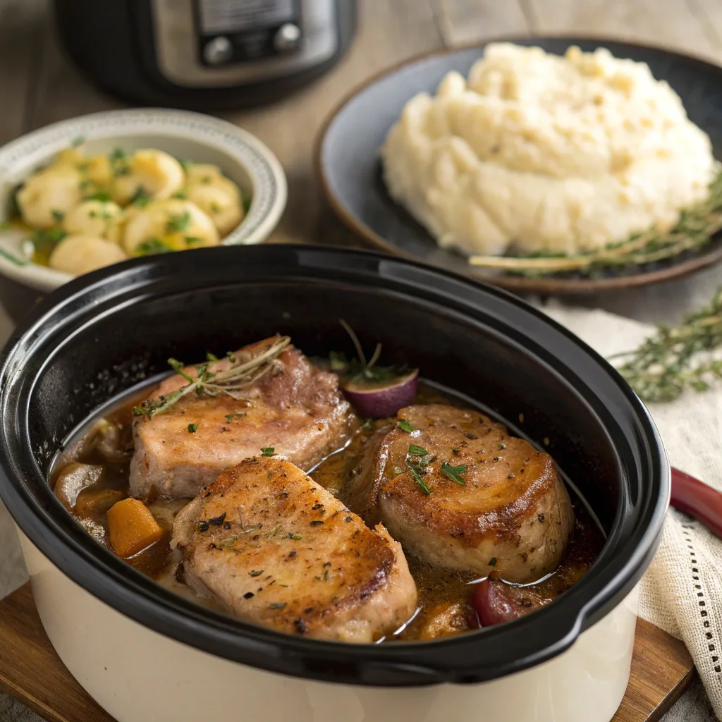 5-ingredient slow cooker pork chops served with mashed potatoes