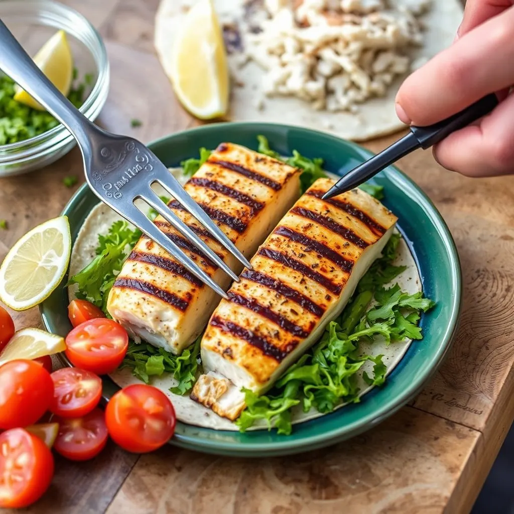 Preparing grilled fish for a flavorful burrito.