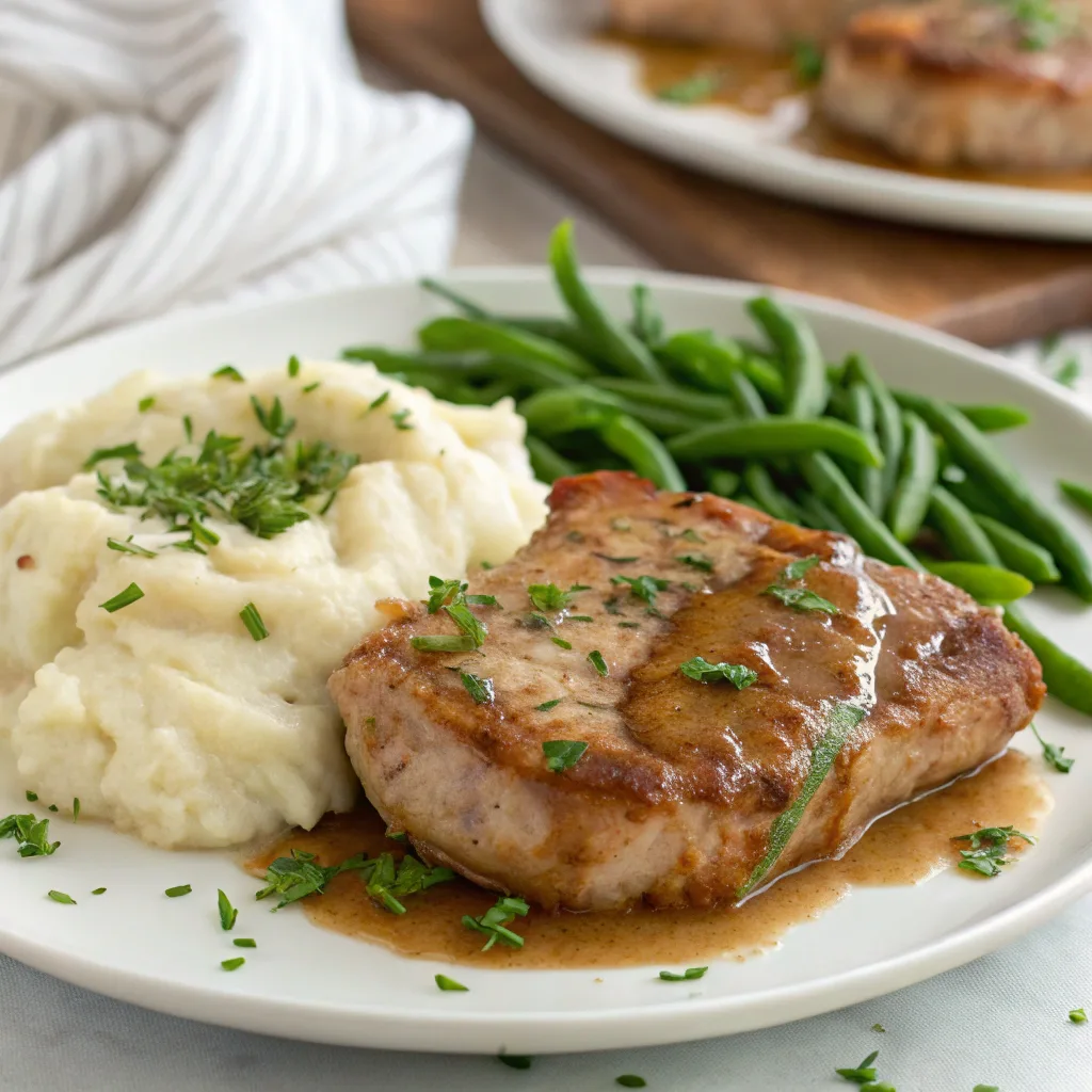 Easy slow cooker pork chops served with mashed potatoes