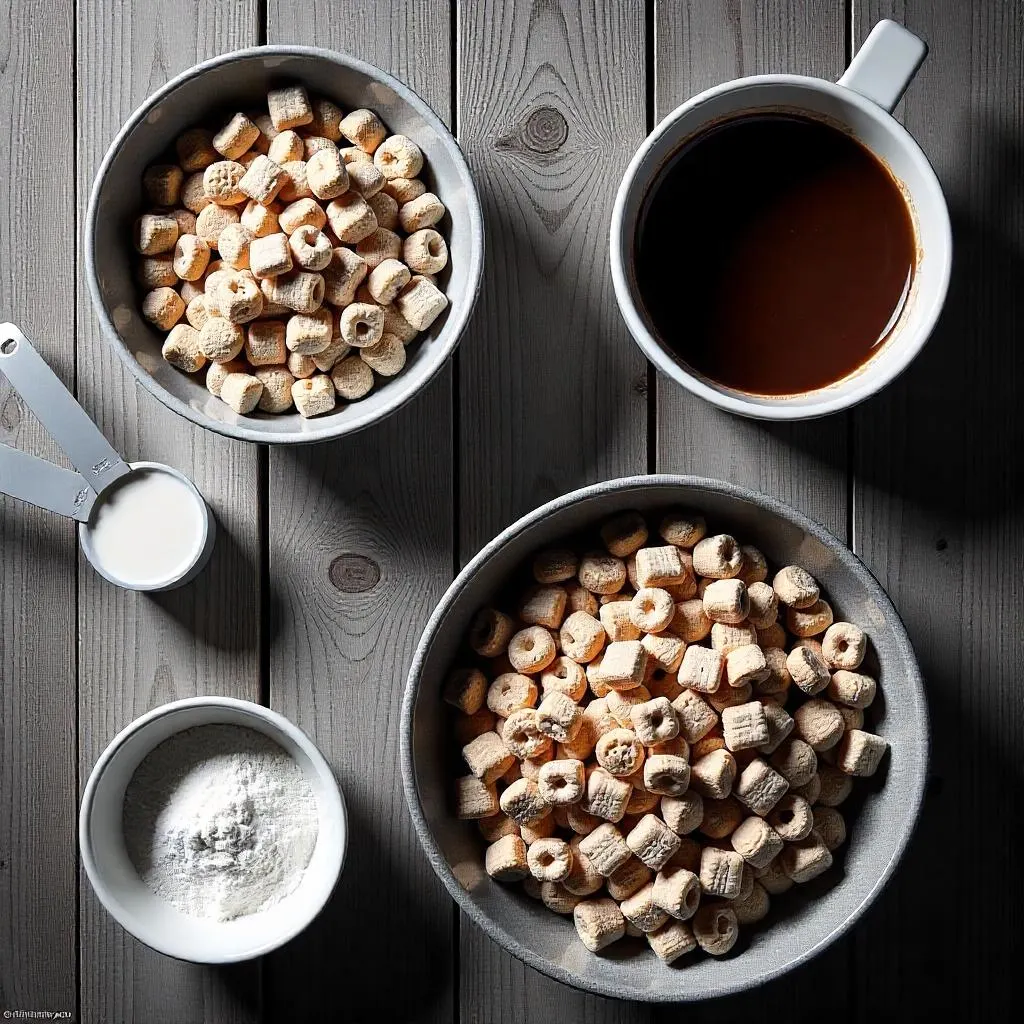 Step-by-step preparation of Muddy Buddies with chocolate and Chex cereal