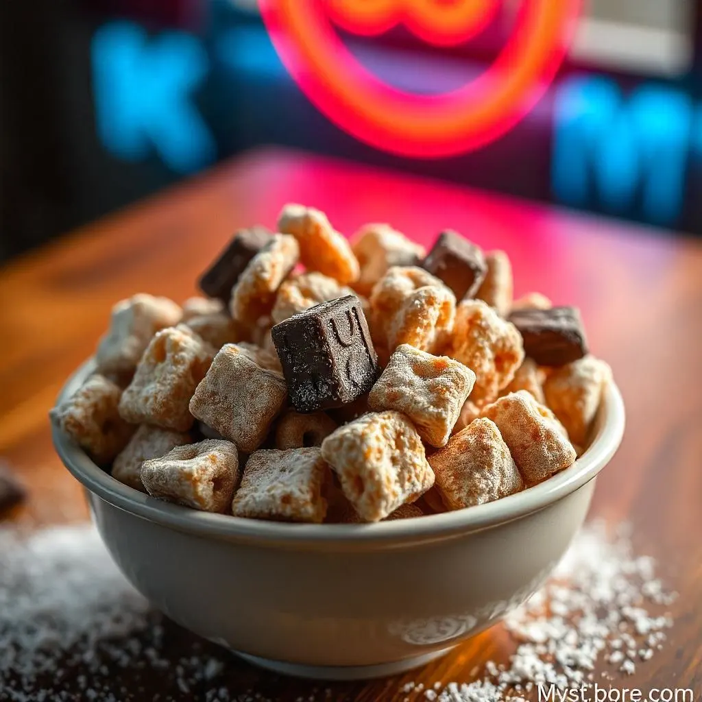 A bowl of Muddy Buddies snack with powdered sugar coating