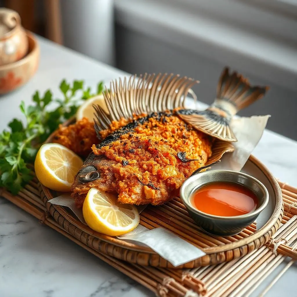 Grilled snakehead fish fillet garnished with lime and herbs