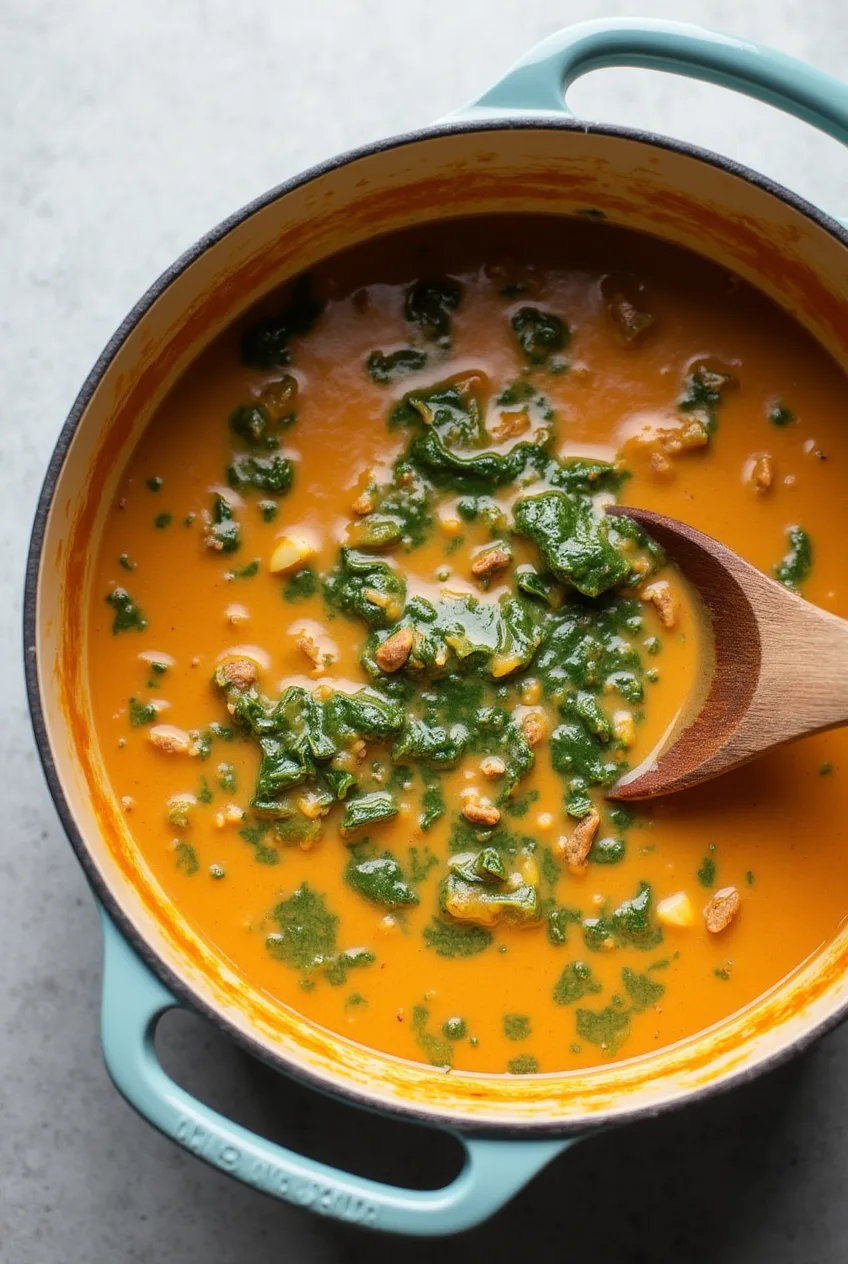 A step-by-step cooking shot of creamy Parmesan Italian sausage soup being stirred in a pot with spinach being added, taken with a Samsung 24 Ultra